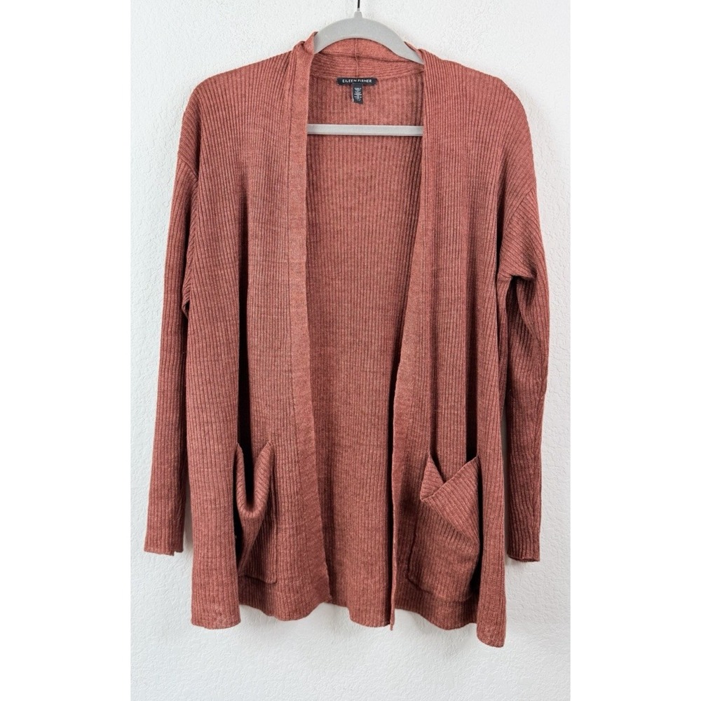 Eileen Fisher Organic Linen Open Front Cardigan S Terracotta Ribbed Minimalist